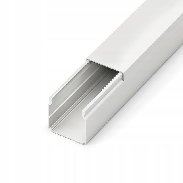 White PVC cable trunking of 40 by 40 mm in a two-metre length with its cover removed