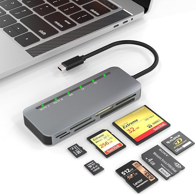 Suejezt aluminium multi-card reader with seven slots and an attached USB Type-C lead