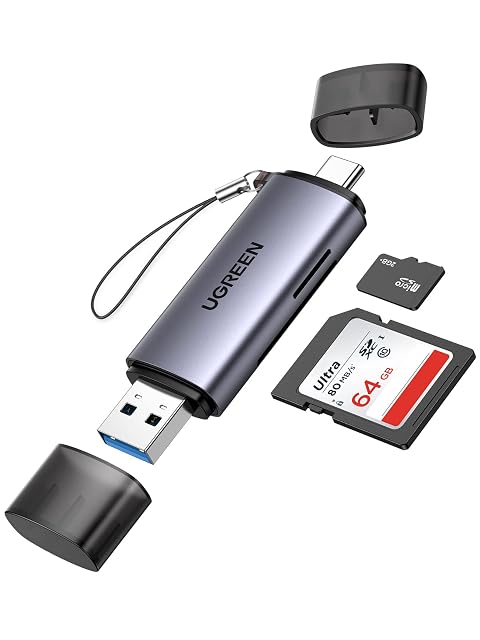 UGREEN grey 2-in-1 card reader with a USB Type-A plug, a Type-C plug and SD and microSD slots
