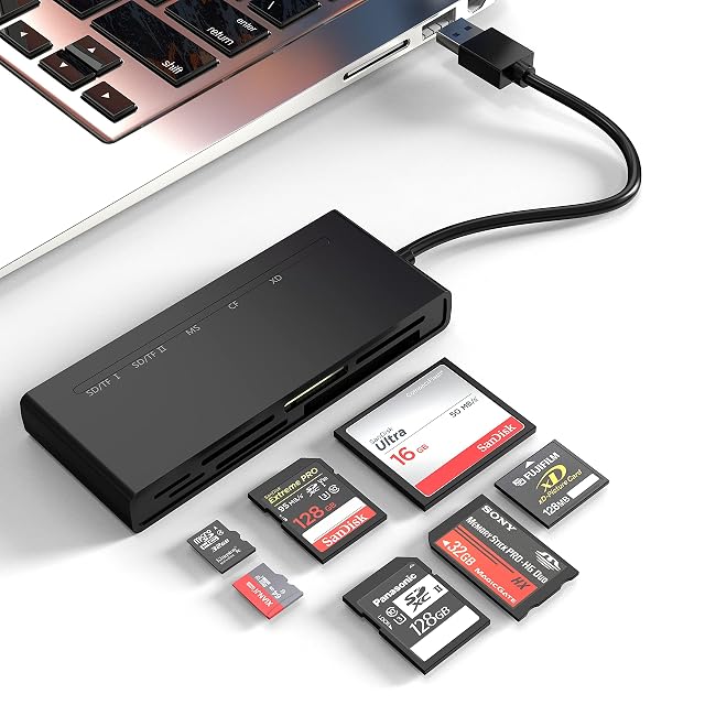 Yeemie Pro black multi-card reader with seven slots and an attached USB 3.0 lead