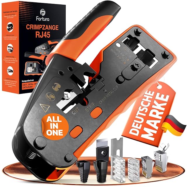 Fortura RJ45 crimping tool with plugs, insertion guides, boots and a replacement blade