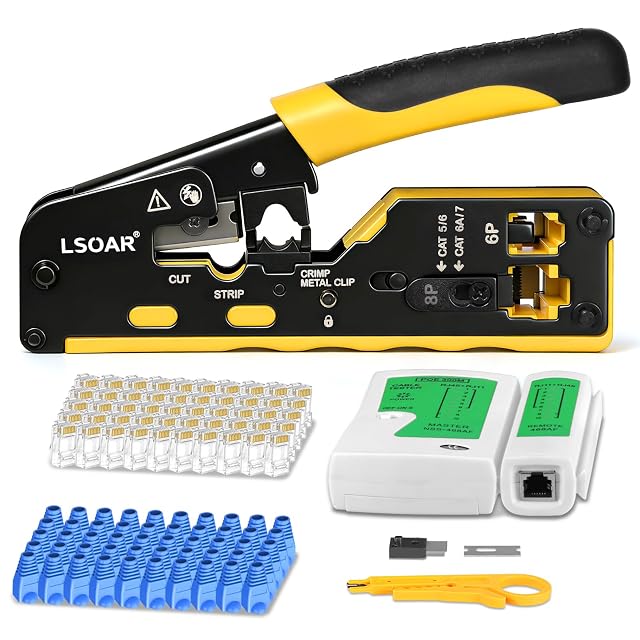 Lsoar pass-through RJ45 crimping tool with fifty Cat6 plugs and a mini stripper