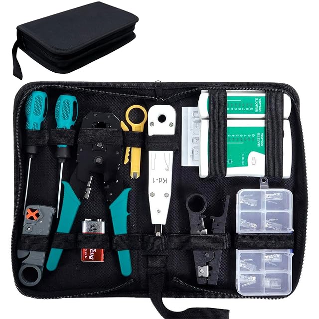 SGILE network tool kit with a three-in-one crimping tool, cable tester and punch-down tool
