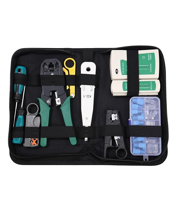 Xespis network tool kit with crimping tool, cable tester, stripper and punch-down tool in a zipped bag