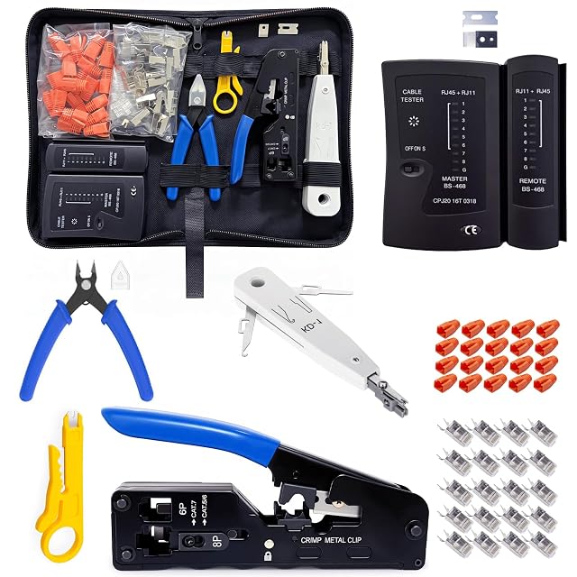 Yavinane pass-through network tool kit with crimping tool, tester, punch-down tool and plugs
