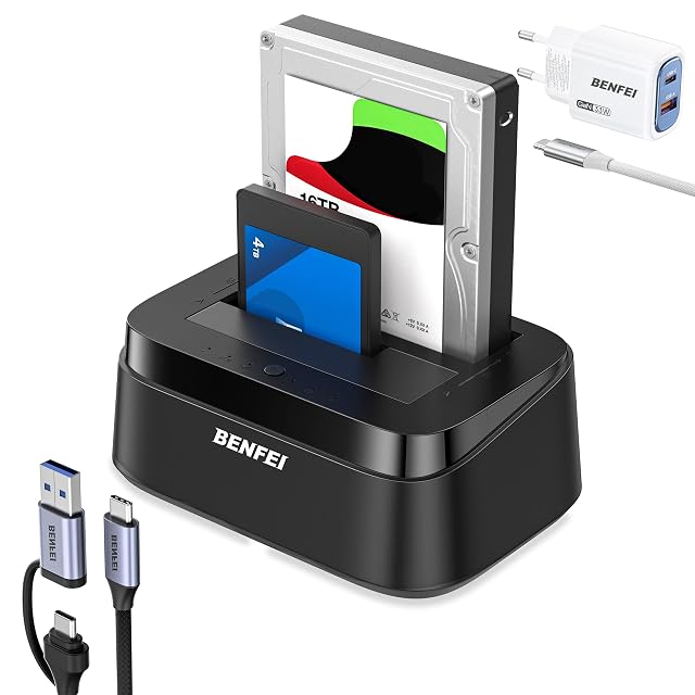 BENFEI black dual-bay drive docking station with a clone button and a power switch