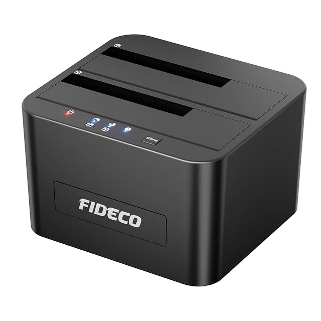 FIDECO black dual-bay drive docking station with two drive slots and a clone button