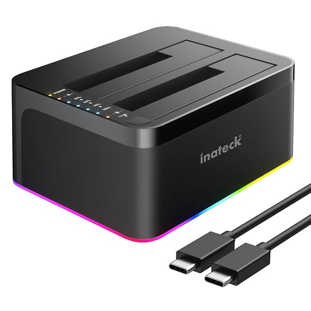 Inateck black dual-bay drive docking station with RGB lighting and two drive slots