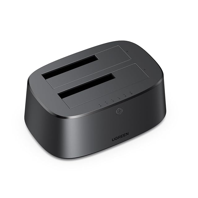 UGREEN black dual-bay drive docking station with two slots and a clone button