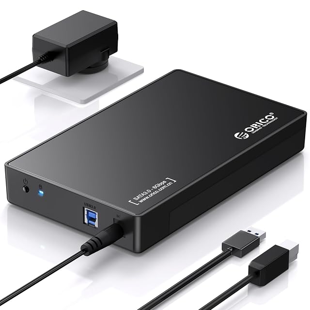 ORICO black 3.5-inch drive enclosure with a mains adapter and a USB 3.0 cable