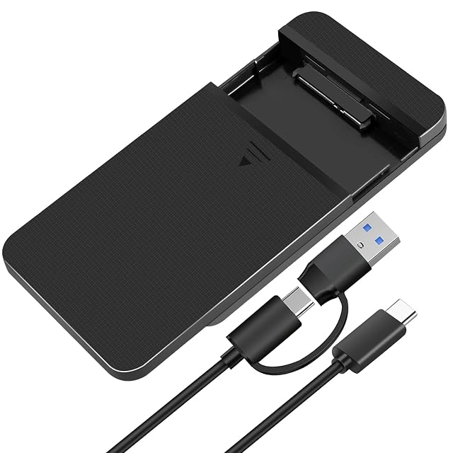 YIIFELL black 2.5-inch SATA drive enclosure with a hinged lid and a USB-C plug
