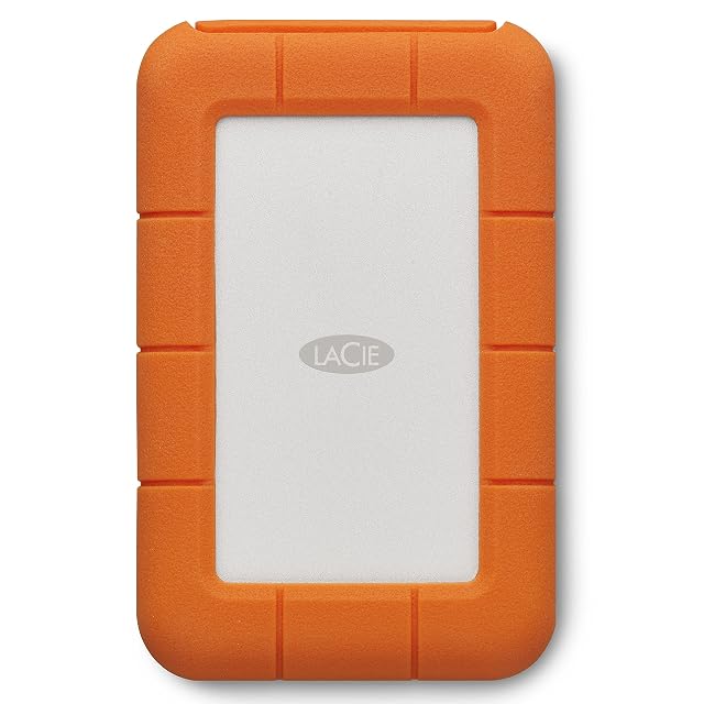 LaCie Rugged 4 TB portable external hard drive in an orange protective sleeve
