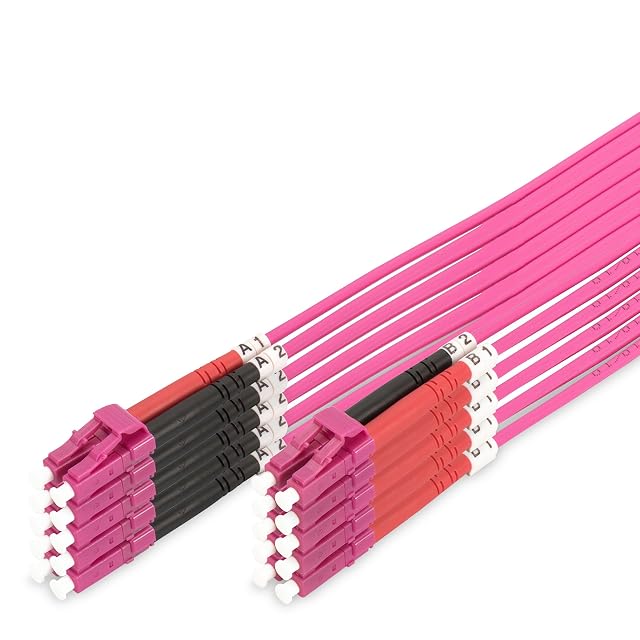 DIGITUS violet duplex OM4 fibre patch cables with LC connectors, five in a pack