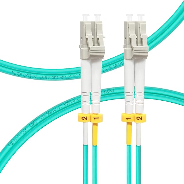 FLYPROFiber aqua duplex OM4 fibre patch cable with LC connectors and A and B labelled clips