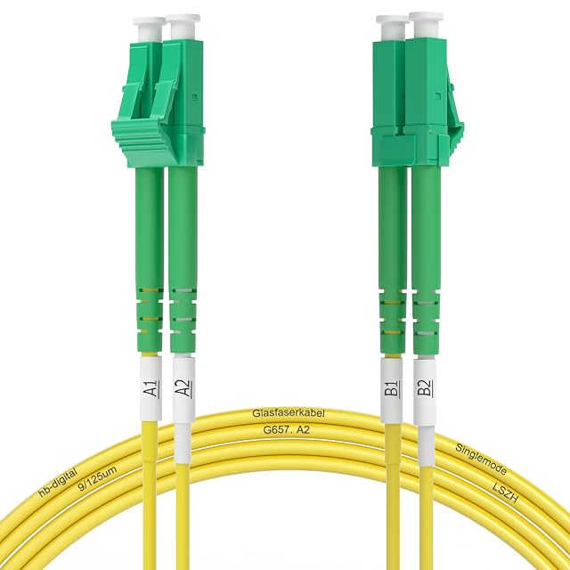HB-DIGITAL yellow duplex fibre patch cable with green LC/APC connectors at both ends