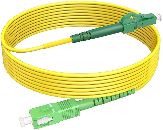 RamboCables yellow simplex fibre patch cable with a green LC/APC connector at one end and a green SC/APC connector at the other