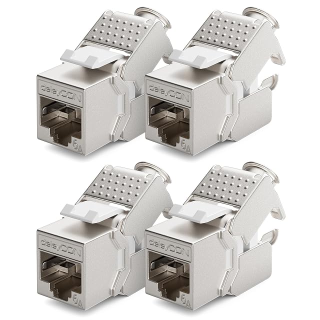 deleyCON Cat 6a shielded keystone module in nickel-plated zinc with a snap-in body