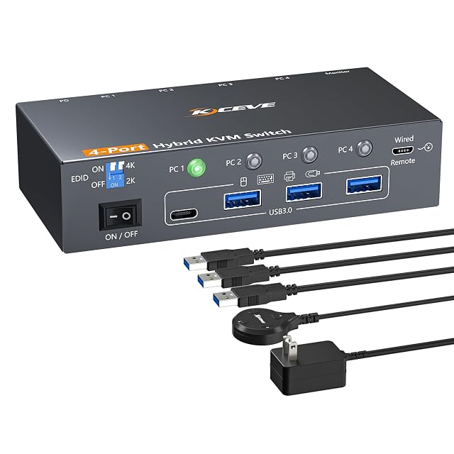AOOCOO KC-401C-AO-DE four-port KVM switch with DisplayPort, USB-C and HDMI inputs and a wired remote