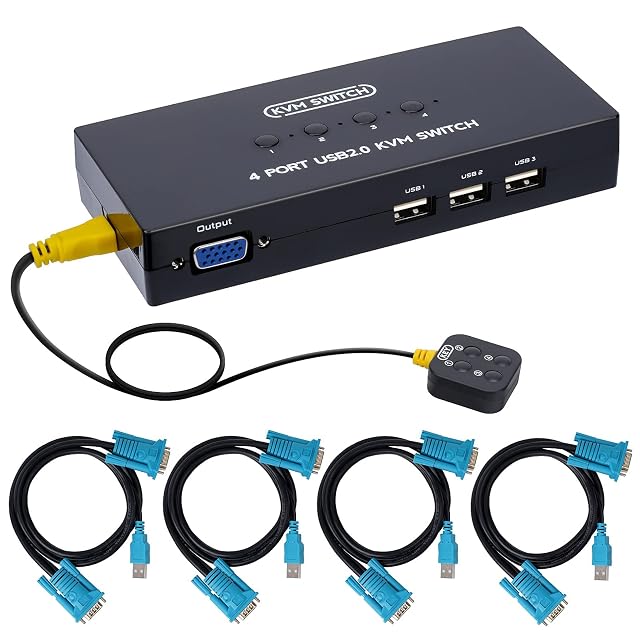 DGODRT KS204V four-port VGA KVM switch with a wired desktop controller and four combined leads