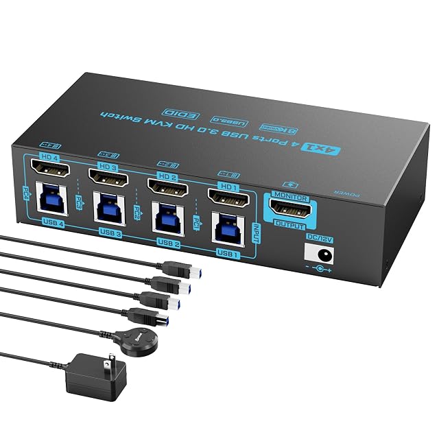 DXchip ZX-KVM8401B002 four-port HDMI KVM switch with four USB 3.0 sockets and a wired controller