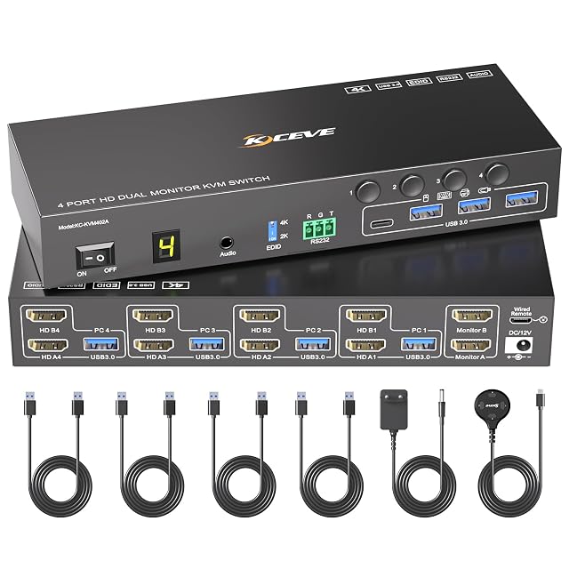 MLEEDA four-port HDMI KVM switch for two monitors with four USB 3.0 sockets and a wired remote