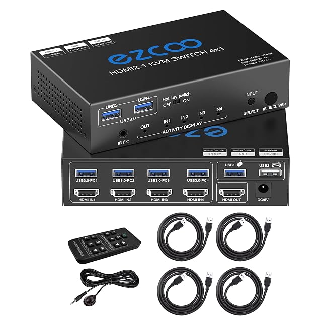 ROFAVEZCO EZ-SW41H21-KVMU3P four-port HDMI KVM switch with an infrared remote and four USB 3.0 leads