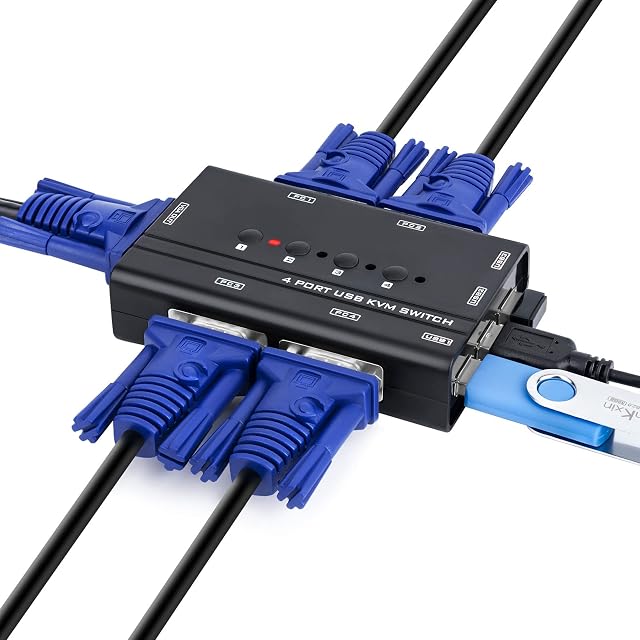 TCNEWCL VGA4P four-port VGA KVM switch with a selector button and three USB 2.0 sockets