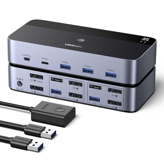 UGREEN AK700 two-port DisplayPort KVM switch with four USB 3.0 sockets and a desk controller