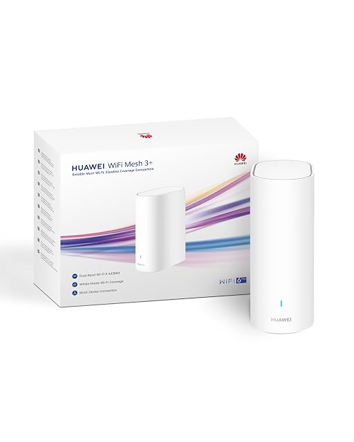 HUAWEI WiFi Mesh 3+ white upright mesh router seen from the front
