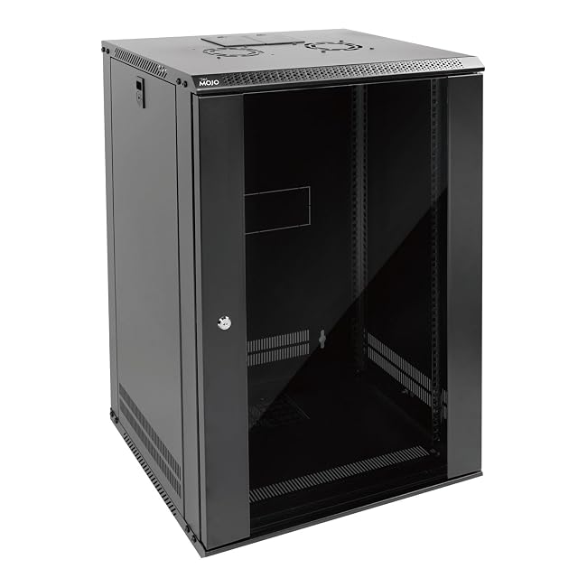 Tecmojo black 19-inch eighteen-unit wall network cabinet with a glass door