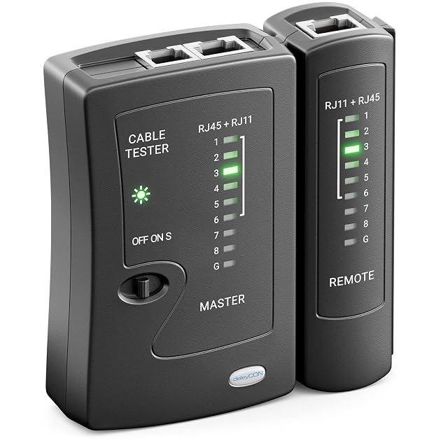 deleyCON network cable tester in black with a main unit and a remote unit