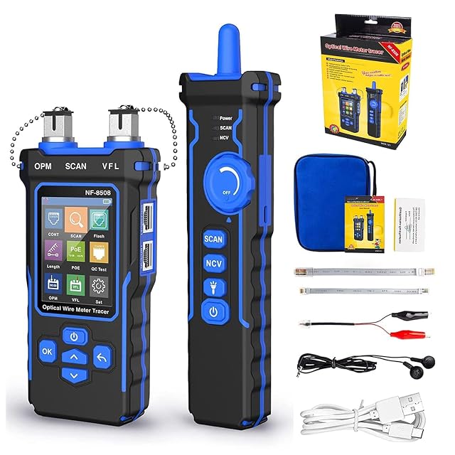 NOYAFA NF-8508 network cable tester with a large LCD screen and an optical power meter