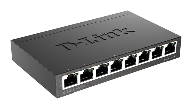 D-Link DGS-108 eight-port gigabit network switch in a black metal case