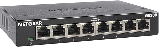 NETGEAR GS308 eight-port gigabit network switch in a metal case with an on-off switch
