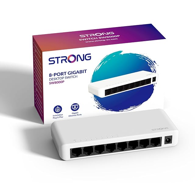 STRONG SW8000P eight-port gigabit network switch in a compact plastic case