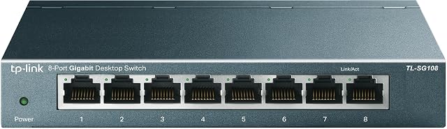 TP-Link TL-SG108 eight-port gigabit network switch in a blue metallic metal case