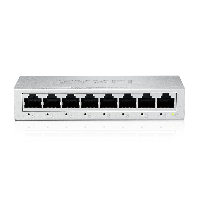 ZYXEL GS-108BV5 eight-port gigabit network switch in a metal case with eight RJ45 sockets