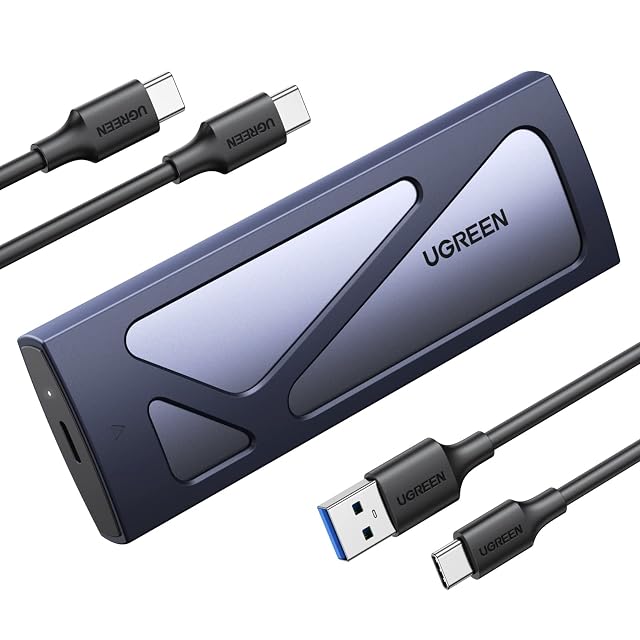 UGREEN silver aluminium M.2 NVMe SSD enclosure with a USB-C socket and a status LED
