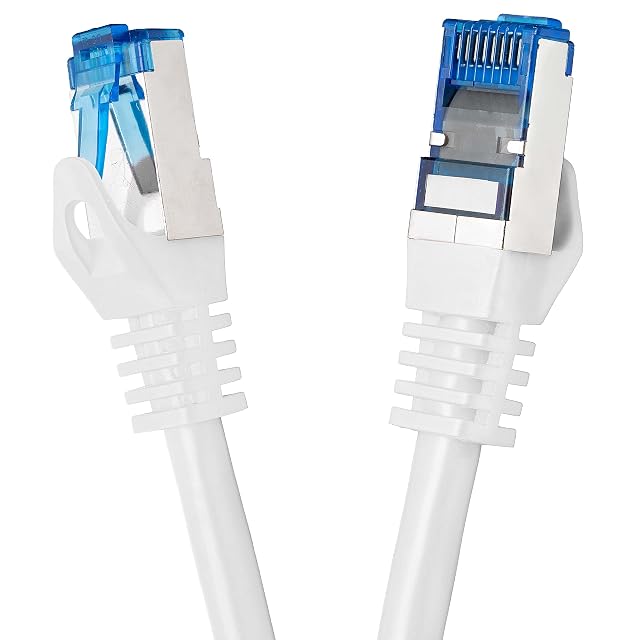 BIGtec white 10 m Cat 7 patch cable with blue shielded RJ45 plugs and moulded boots