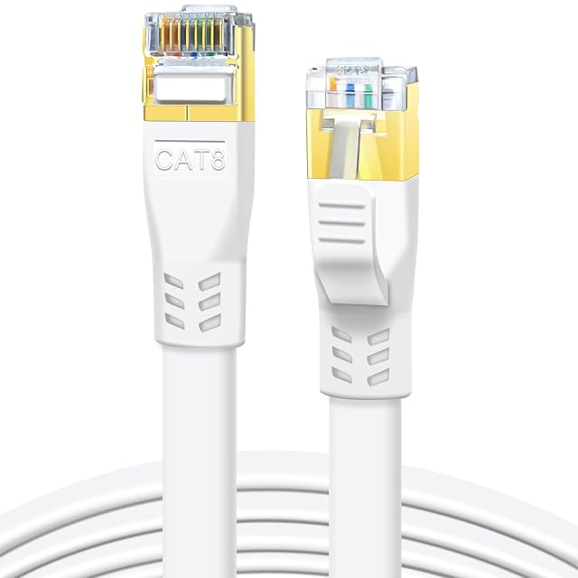 DDMALL flat white 10 m Cat 8 patch cable with shielded snagless RJ45 plugs