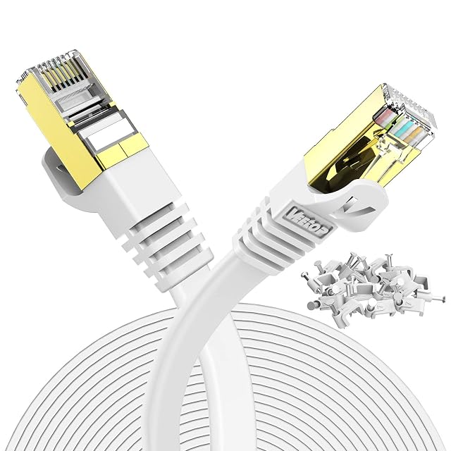 Veetop flat white Cat 7 patch cable of 10 m with gold-plated RJ45 plugs