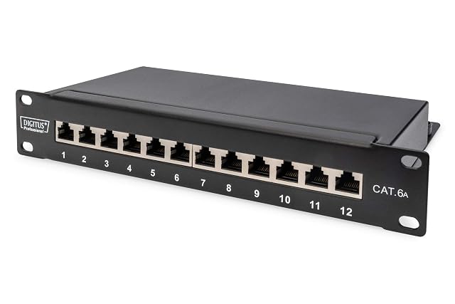 DIGITUS 10-inch twelve-port shielded Cat 6A patch panel in a black metal housing