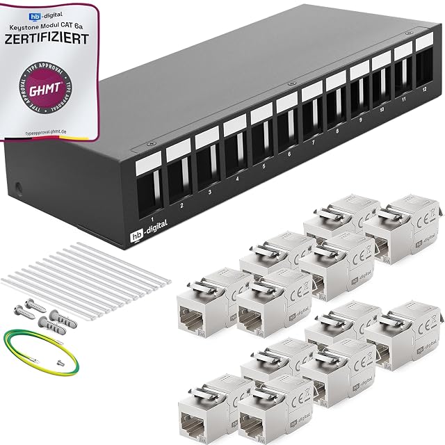 HB-DIGITAL black twelve-port keystone patch panel populated with Cat 6a RJ45 modules