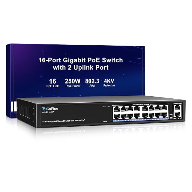 GigaPlus GP-GS1602P eighteen-port gigabit PoE switch in a metal housing with sixteen powered sockets and two uplinks