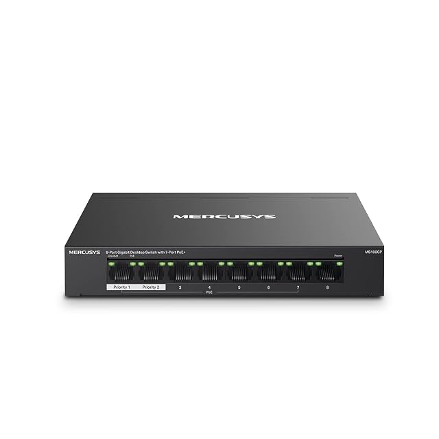 MERCUSYS MS108GP eight-port gigabit PoE switch in a metal case with seven powered sockets