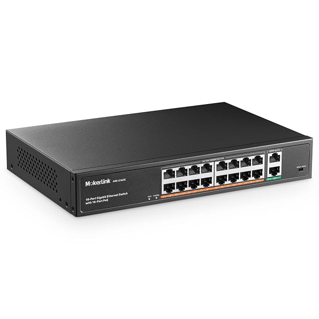 MokerLink POE-G162G eighteen-port gigabit PoE switch in a rack-mount metal case with sixteen powered sockets