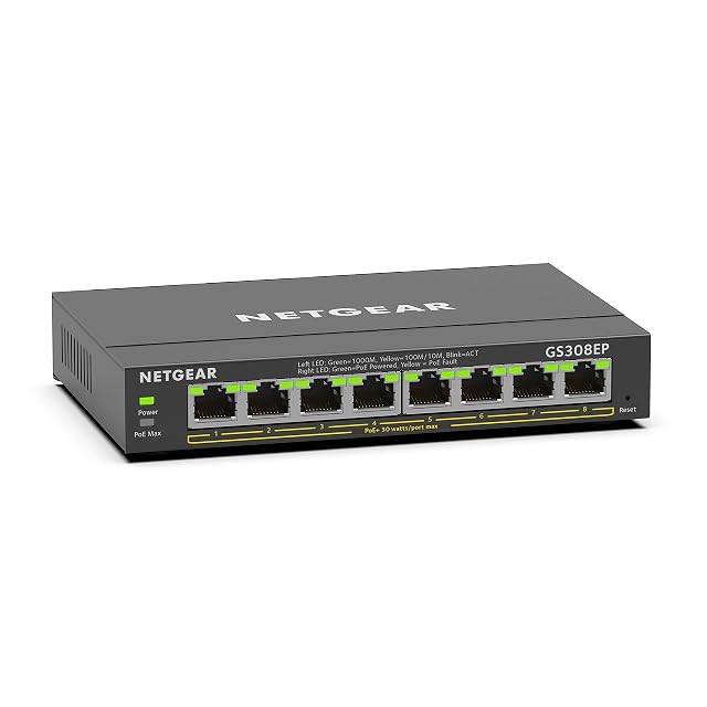 NETGEAR GS308EP eight-port gigabit PoE switch in a fanless metal case