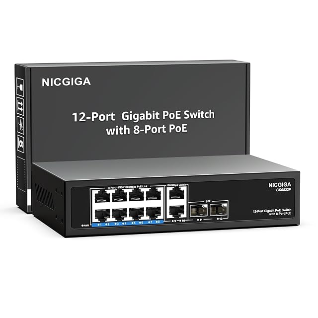 NICGIGA GS0822P twelve-port gigabit PoE switch in a metal case with eight powered sockets, two uplinks and two SFP cages