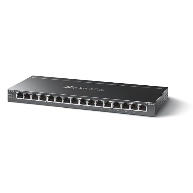 TP-Link TL-SG116P sixteen-port gigabit PoE switch in a black fanless metal case