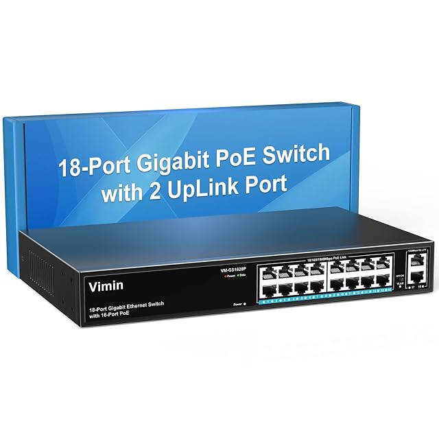 VIMIN VM-GS1620P-EU eighteen-port gigabit PoE switch in a metal case with sixteen powered sockets and two uplinks